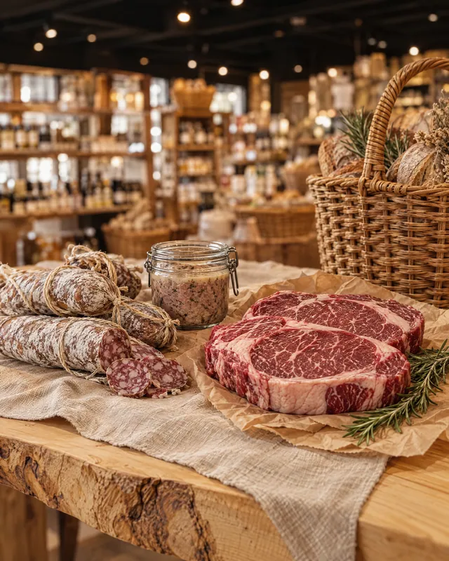 Стейк, колбасы и мясные закуски на деревянной доске